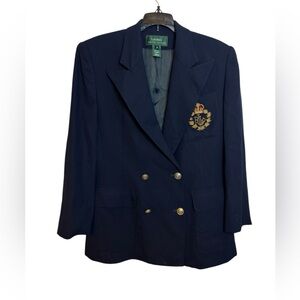 Ralph Lauren Navy Blue Wool Double Breasted Crest Blazer